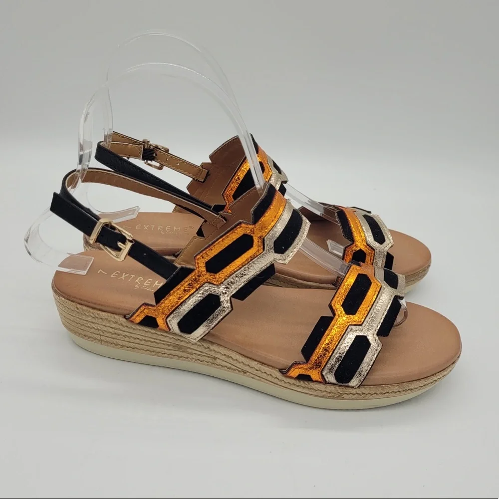 NWOB Extreme by Eddie Marc Metallic Wedge Espadrille Sandals Size 7